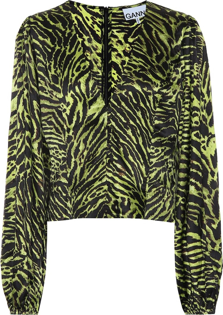 Ganni Tiger-print stretch-silk blouse