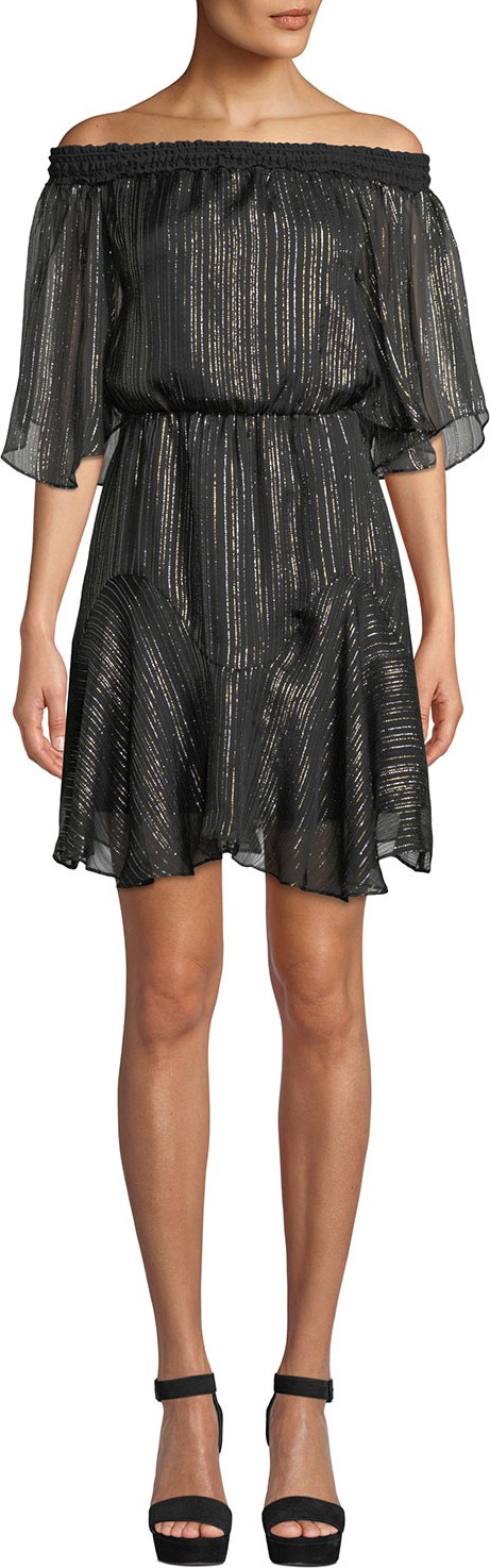 HALSTON HERITAGE Smocked Off-the-Shoulder Metallic Chiffon Dress
