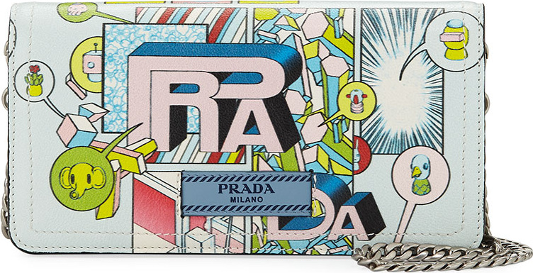 Prada Etiquette Mini Comic-Print Glace Calf Crossbody Wallet