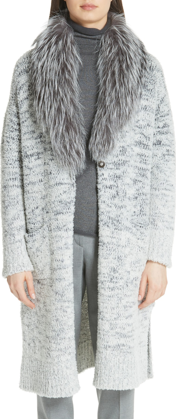 Fabiana Filippi Long Dégradé Cardigan with Removable Genuine Fox Fur Collar