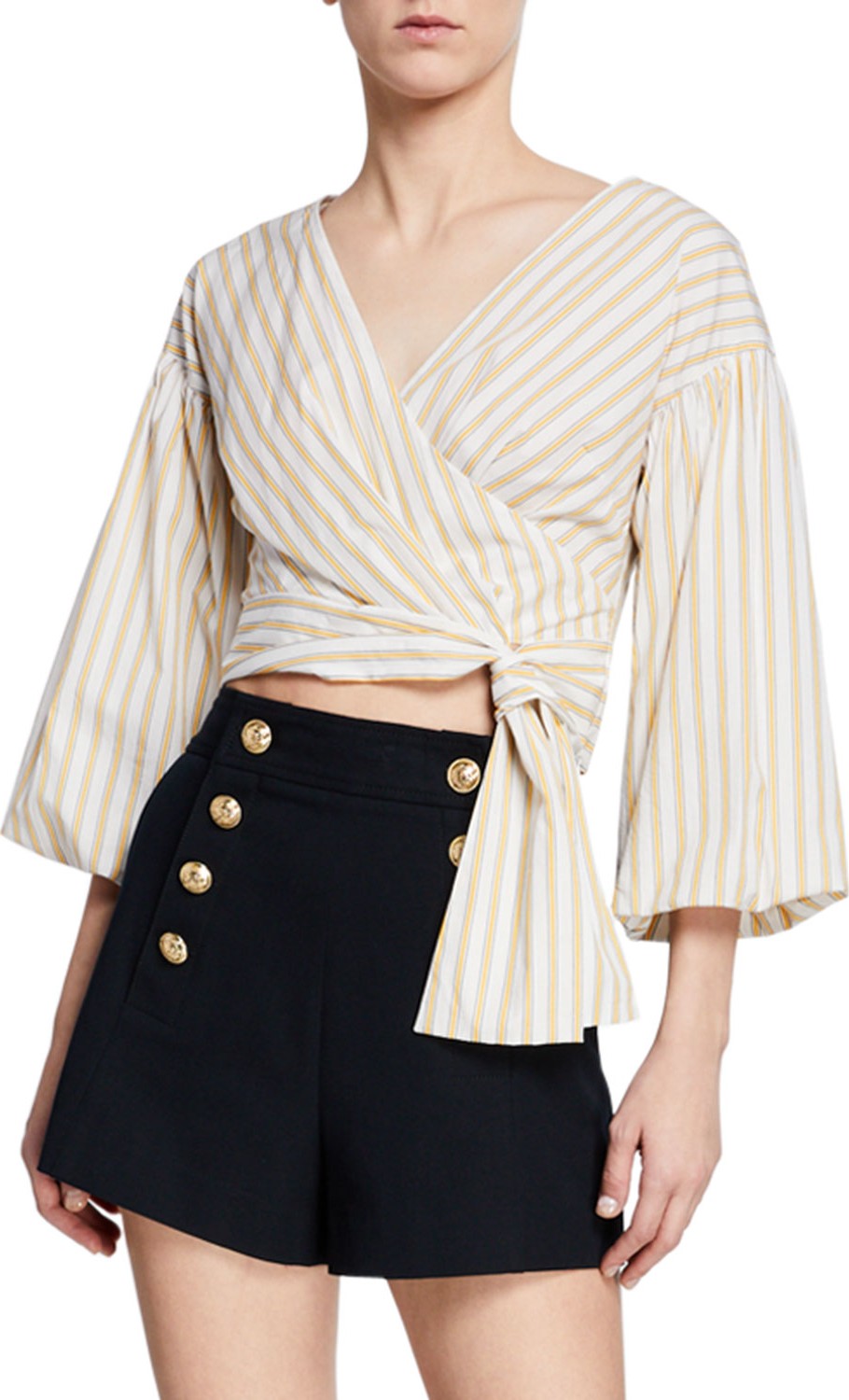 Derek Lam 10 Crosby Striped Bell-Sleeve Cropped Tie-Waist Blouse