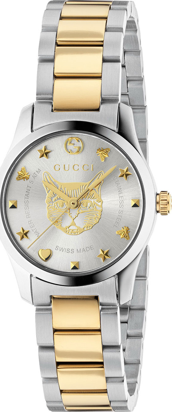 Gucci 27mm G-Timeless Bracelet Watch w/ Feline Motif, Two-Tone