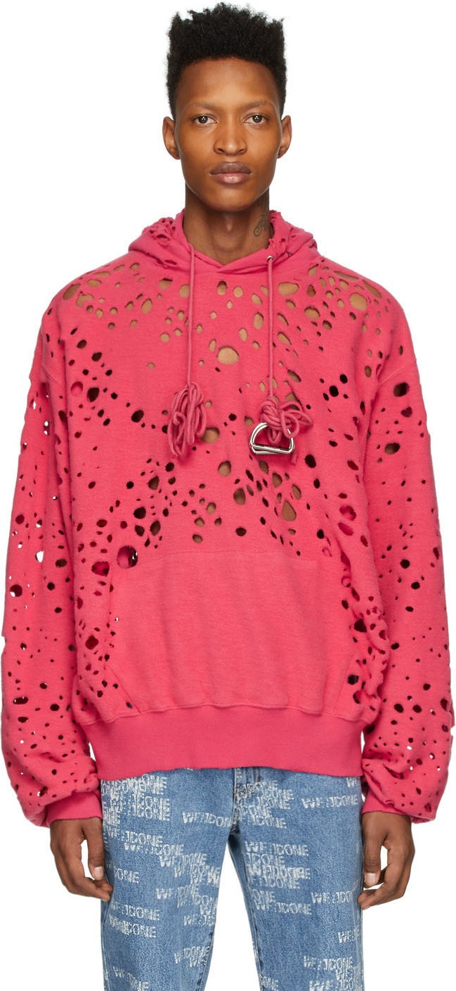 We11done Red Distressed 'WD' Logo Hoodie