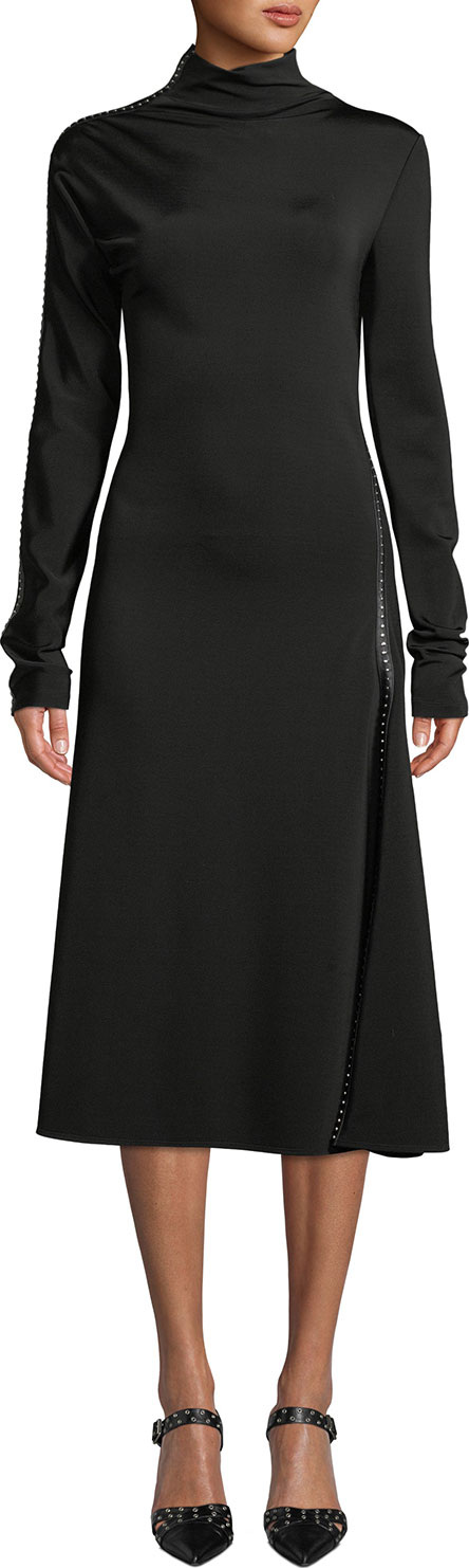 Helmut Lang Studded Turtleneck Long-Sleeve Midi Dress