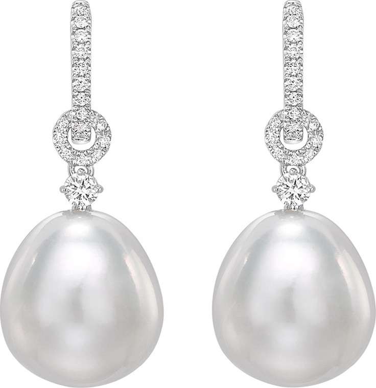 Kiki McDonough 18k White Gold Baroque Pearl Drop Earrings w/ Diamonds