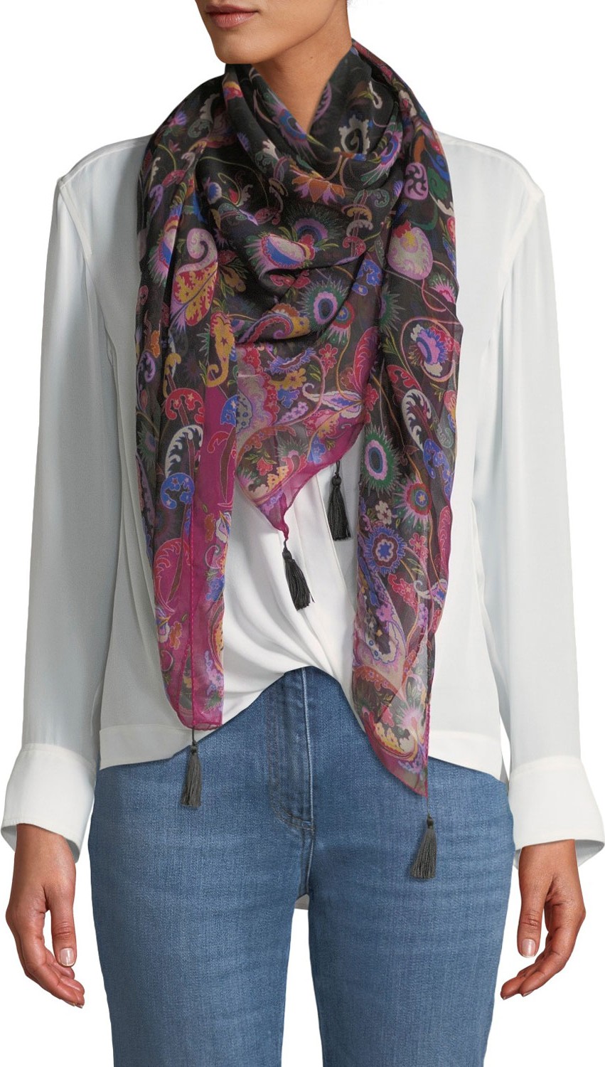 Etro Bombay Star Paisley Silk Scarf w/ Tassel Corners