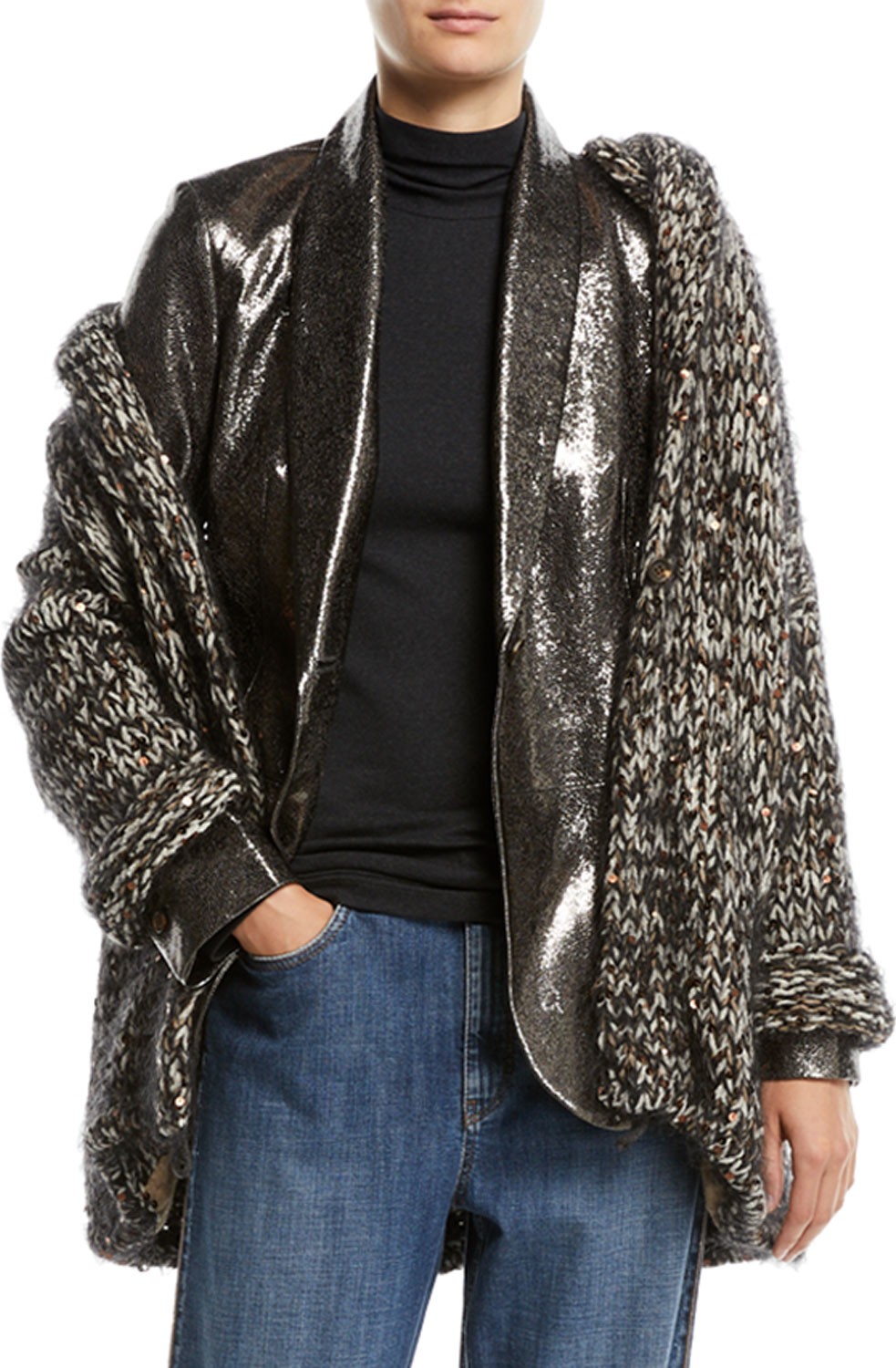Brunello Cucinelli Hooded Velvet Effect Tweed Cardigan w/ Macro Paillettes