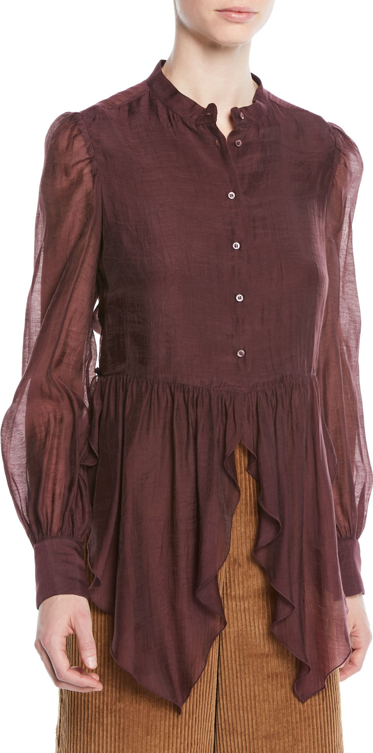 See By Chloé Long-Sleeve Cascading Ruffle Bottom Blouse