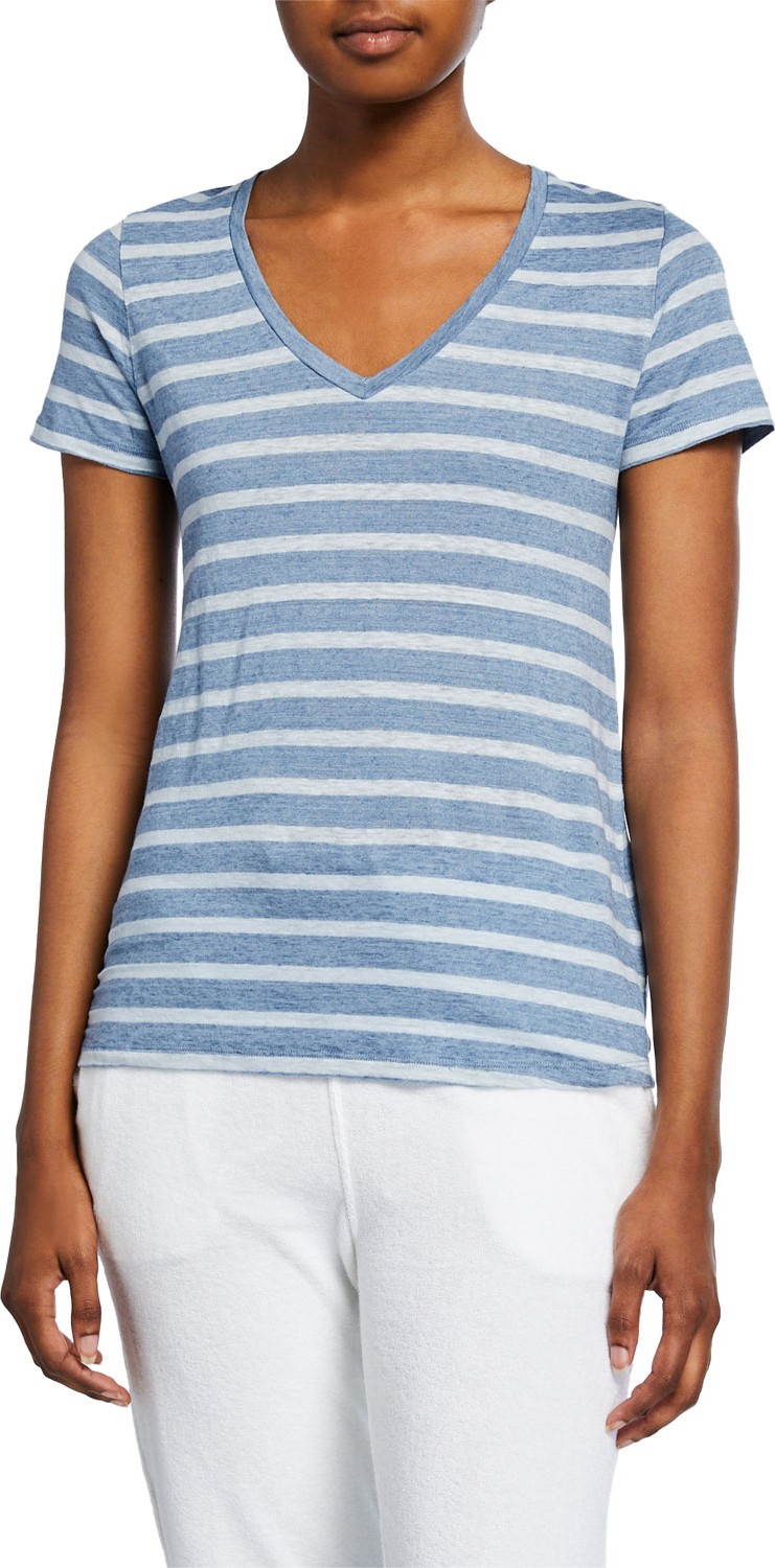 Majestic Striped V-Neck Short-Sleeve Stretch-Linen Tee