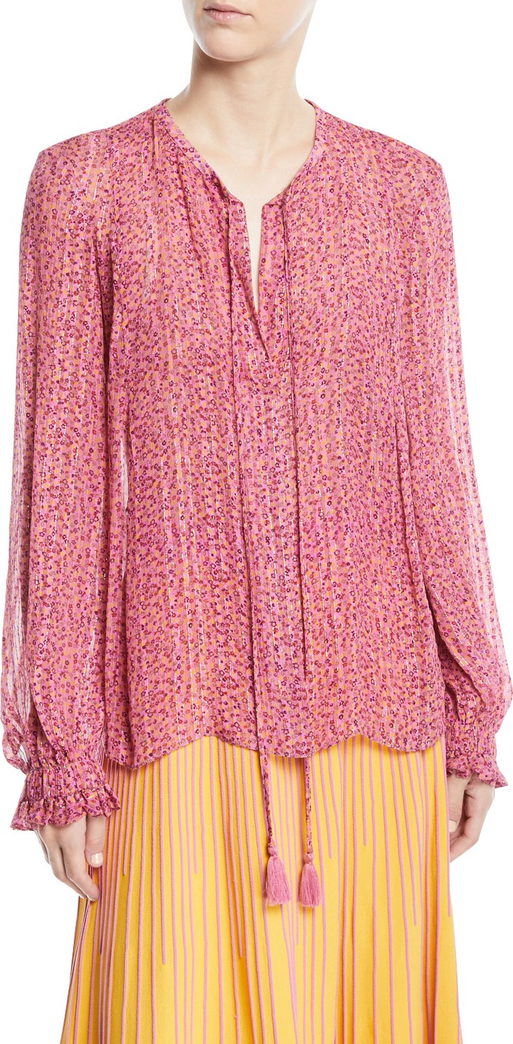 Derek Lam 10 Crosby Long-Sleeve Floral Metallic Tie-Neck Blouse