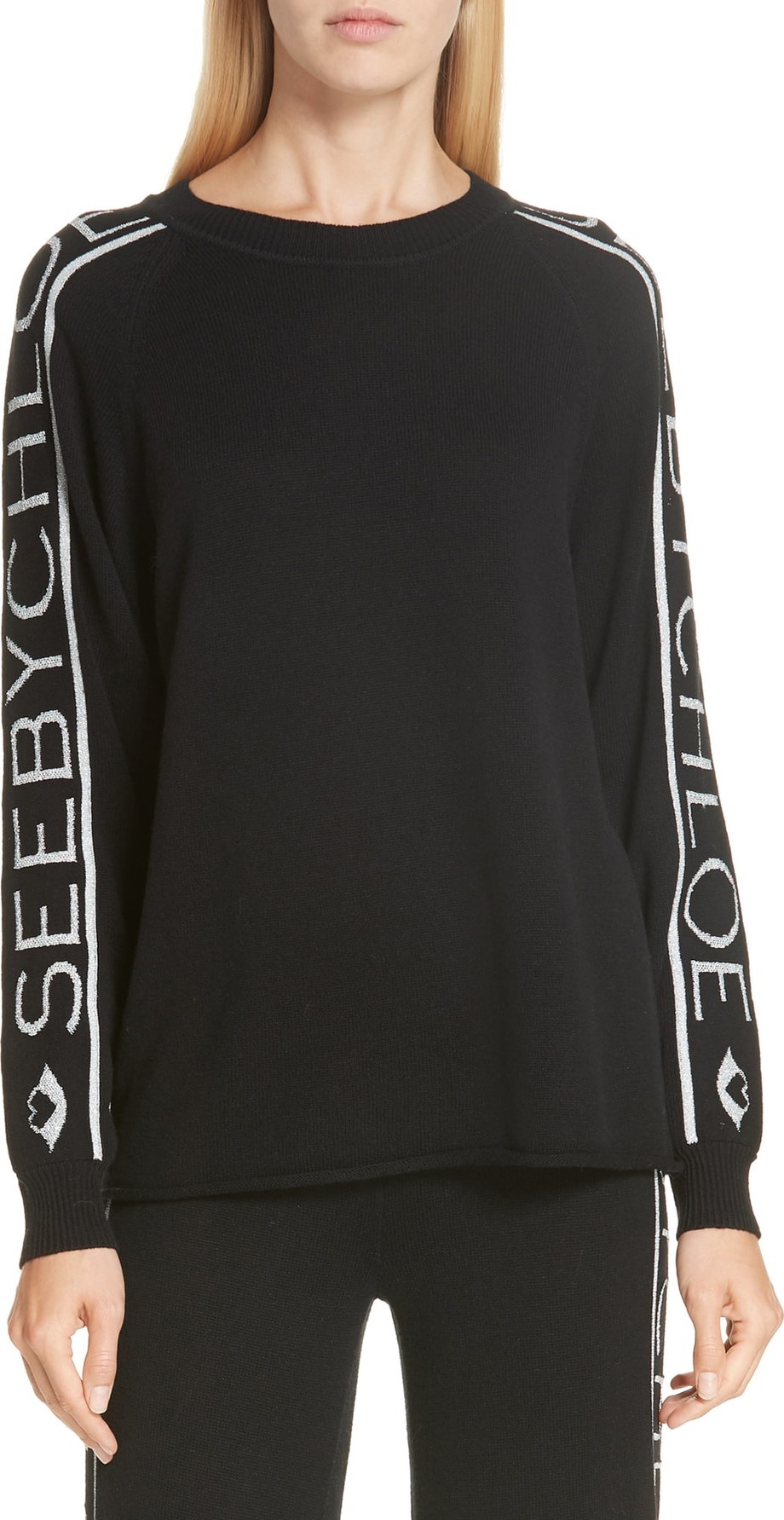 See By Chloé Logo Jacquard Sleeve Wool Blend Sweater
