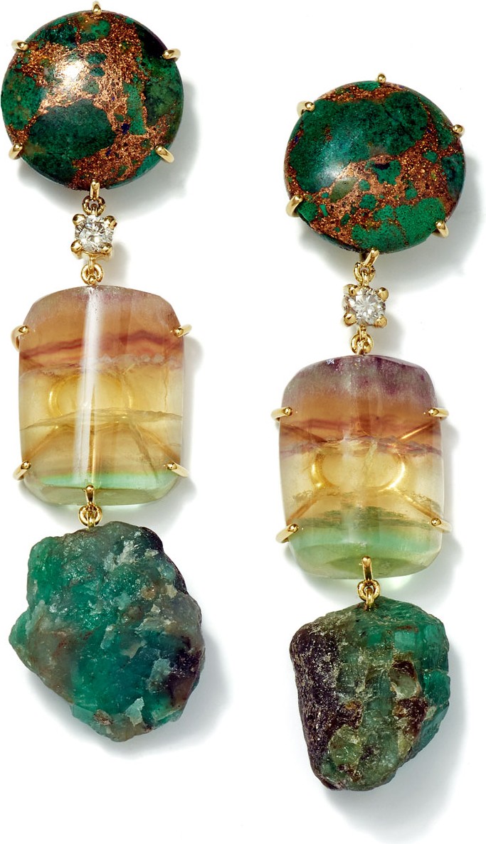 Jan Leslie 18k Bespoke Tribal Luxury 3-Tier Earring with Copper Azurite  Fluorite  Raw Emerald  and Diamond