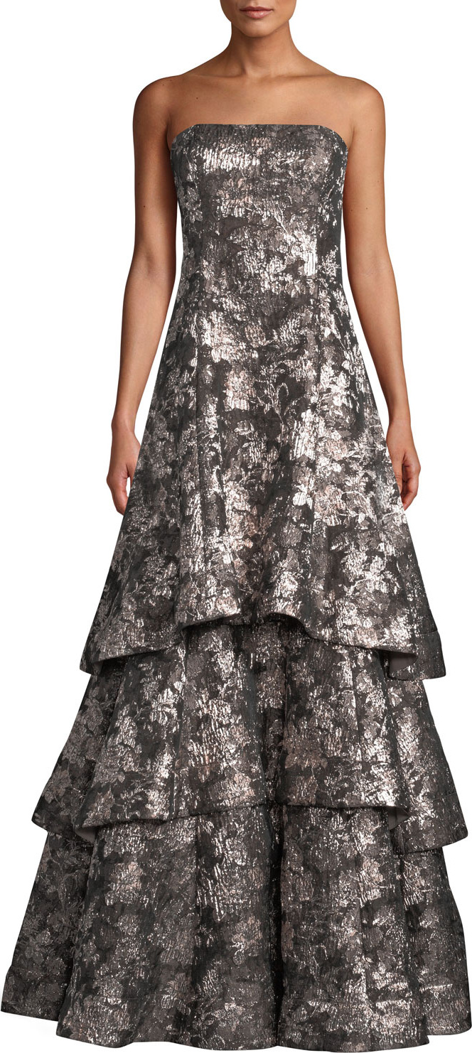 Aidan Mattox Strapless Tiered Metallic Jacquard Evening Gown