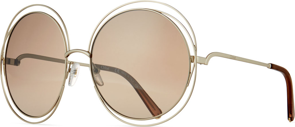 Chloe Carlina Trimmed Round Sunglasses, Gold/Dark Brown