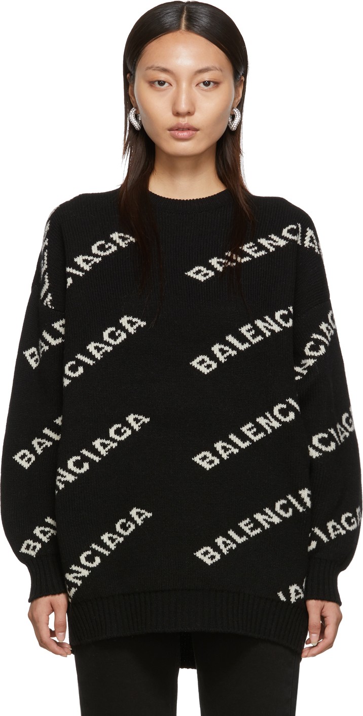 Balenciaga Black & Off-White Jacquard Logo Crewneck Sweater