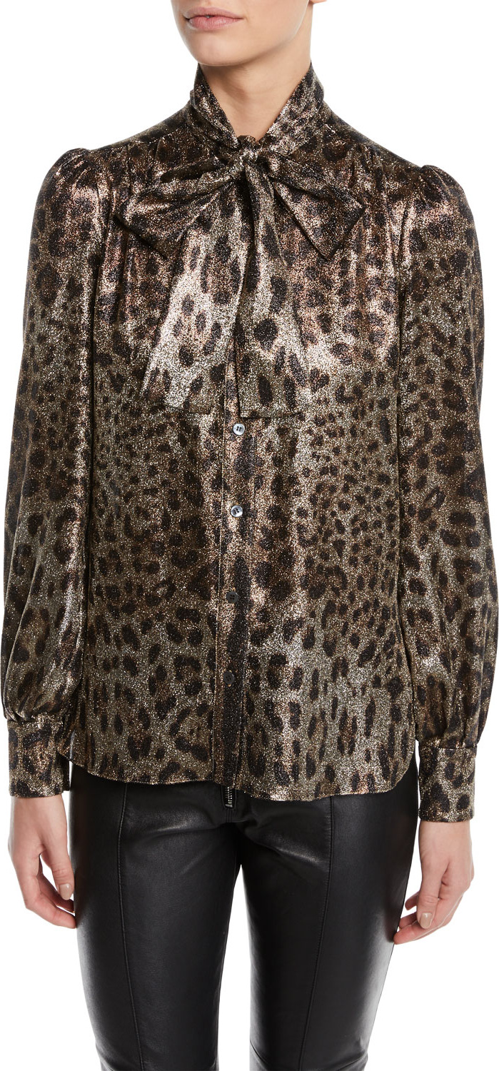 Dolce & Gabbana Tie-Neck Long-Sleeve Metallic Leopard Blouse
