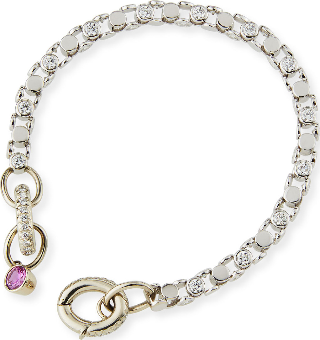 Oscar Heyman 18K White Gold Partial Diamond Watch Bracelet with Pink Sapphire Toggle