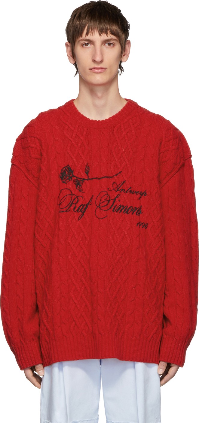 Raf Simons Red Aran Crewneck Sweater