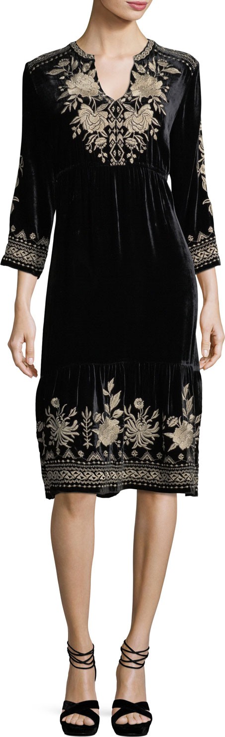 Johnny Was Magdalene 3/4-Sleeve Embroidered Velvet Dress