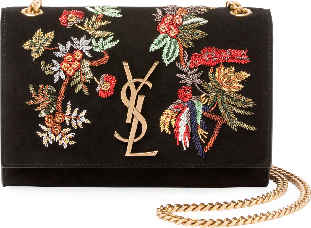 Saint Laurent Monogram YSL Floral Bird Embroidered Suede Flap Wallet on Chain Bag