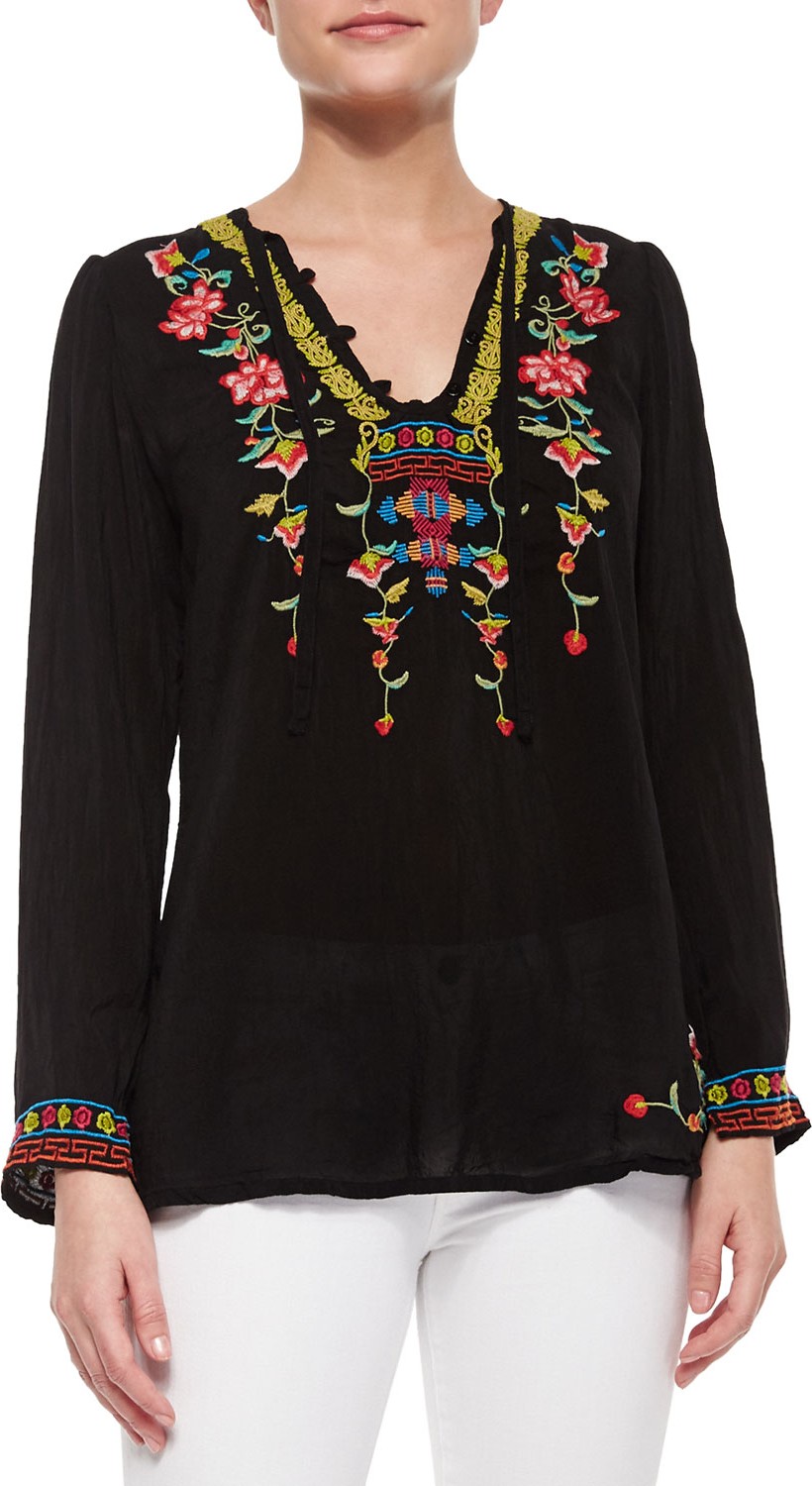 Johnny Was Suko V-Neck Embroidered Blouse