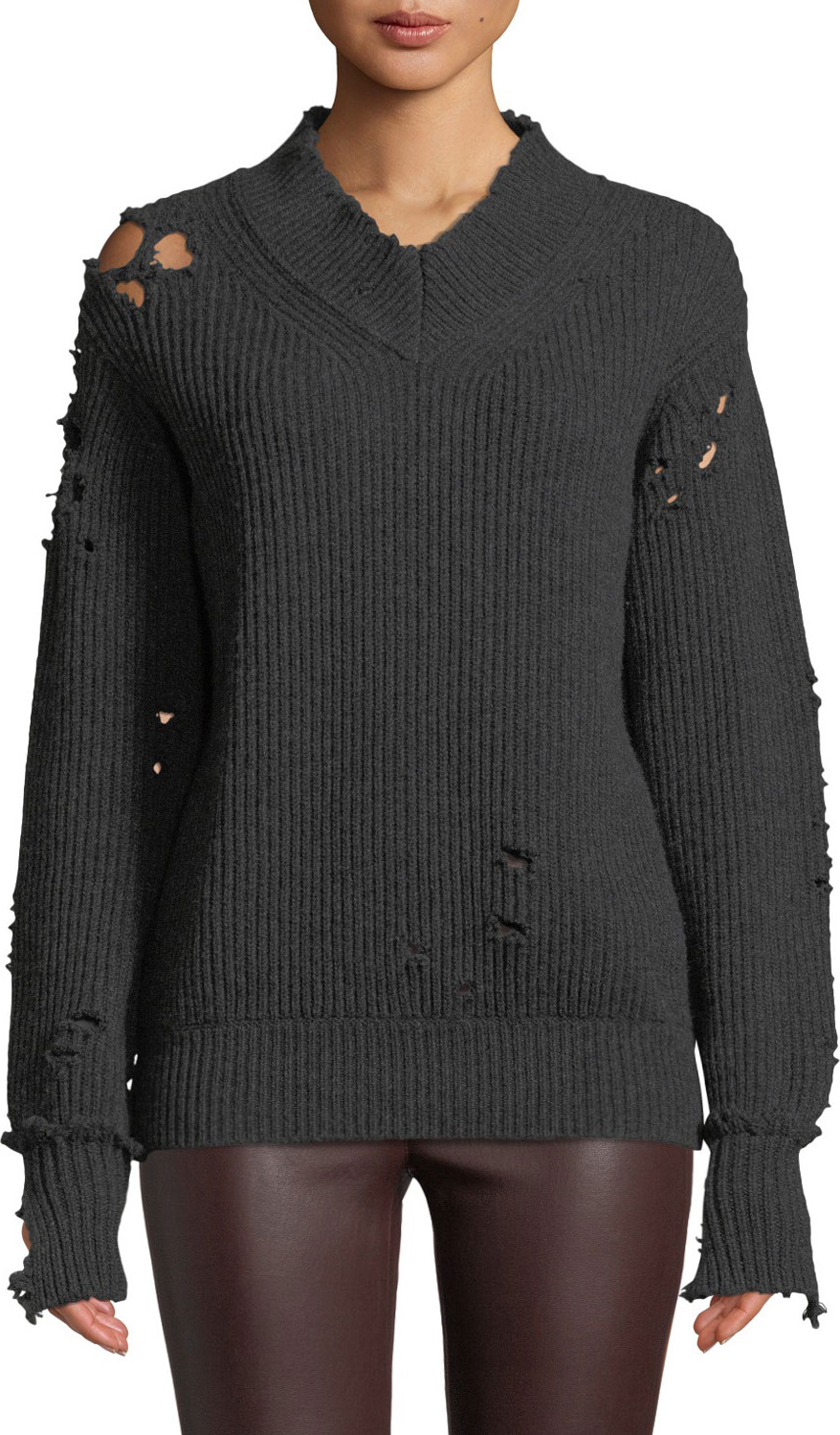 Helmut Lang Distressed V-Neck Wool Pullover Sweater