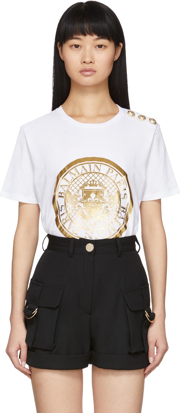 Balmain White 3-Button Coin T-Shirt