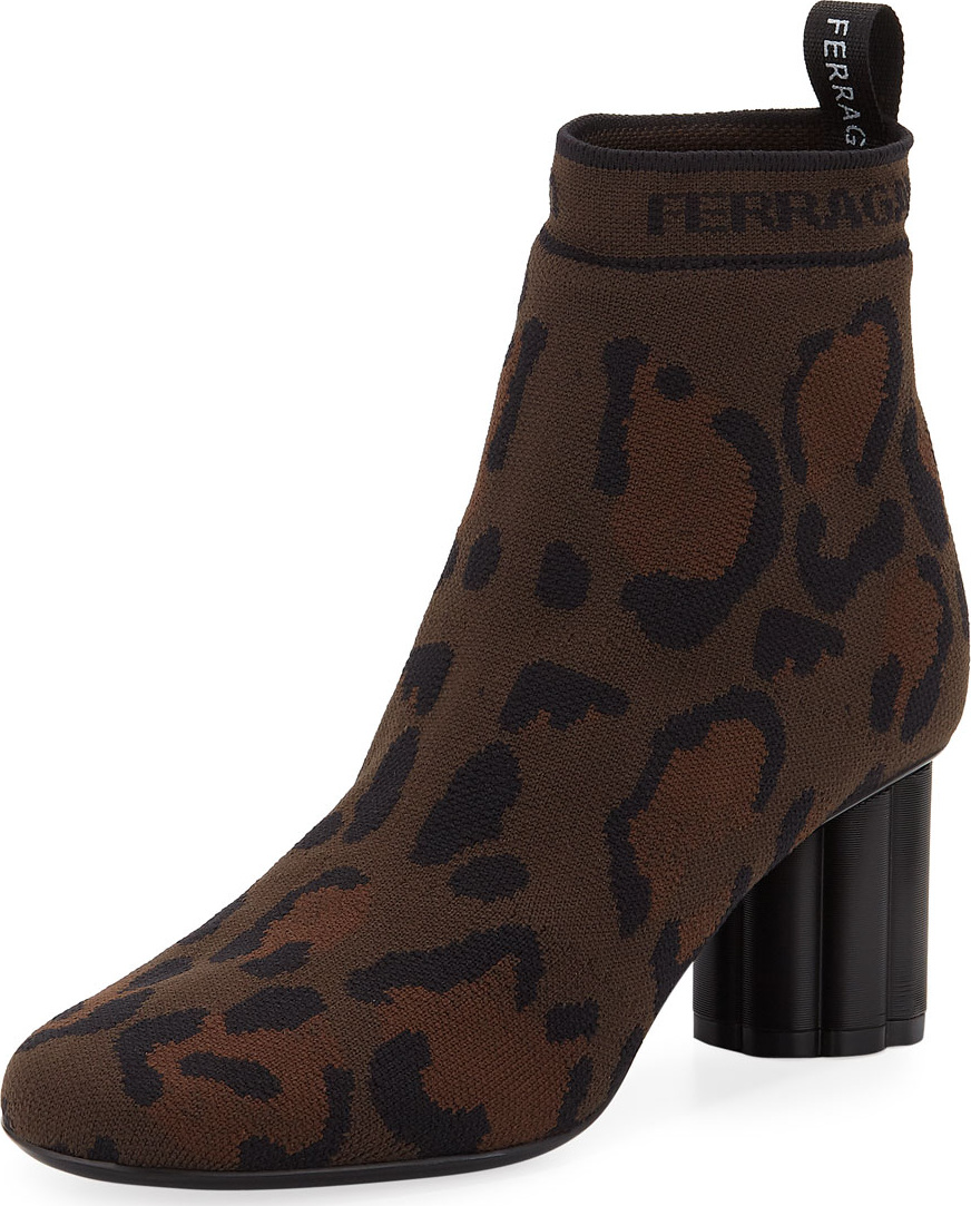 Salvatore Ferragamo Leopard Printed Stretch-Knit Ankle Booties Salvatore Ferragamo Leopard Printed Stretch-Knit Ankle Booties
