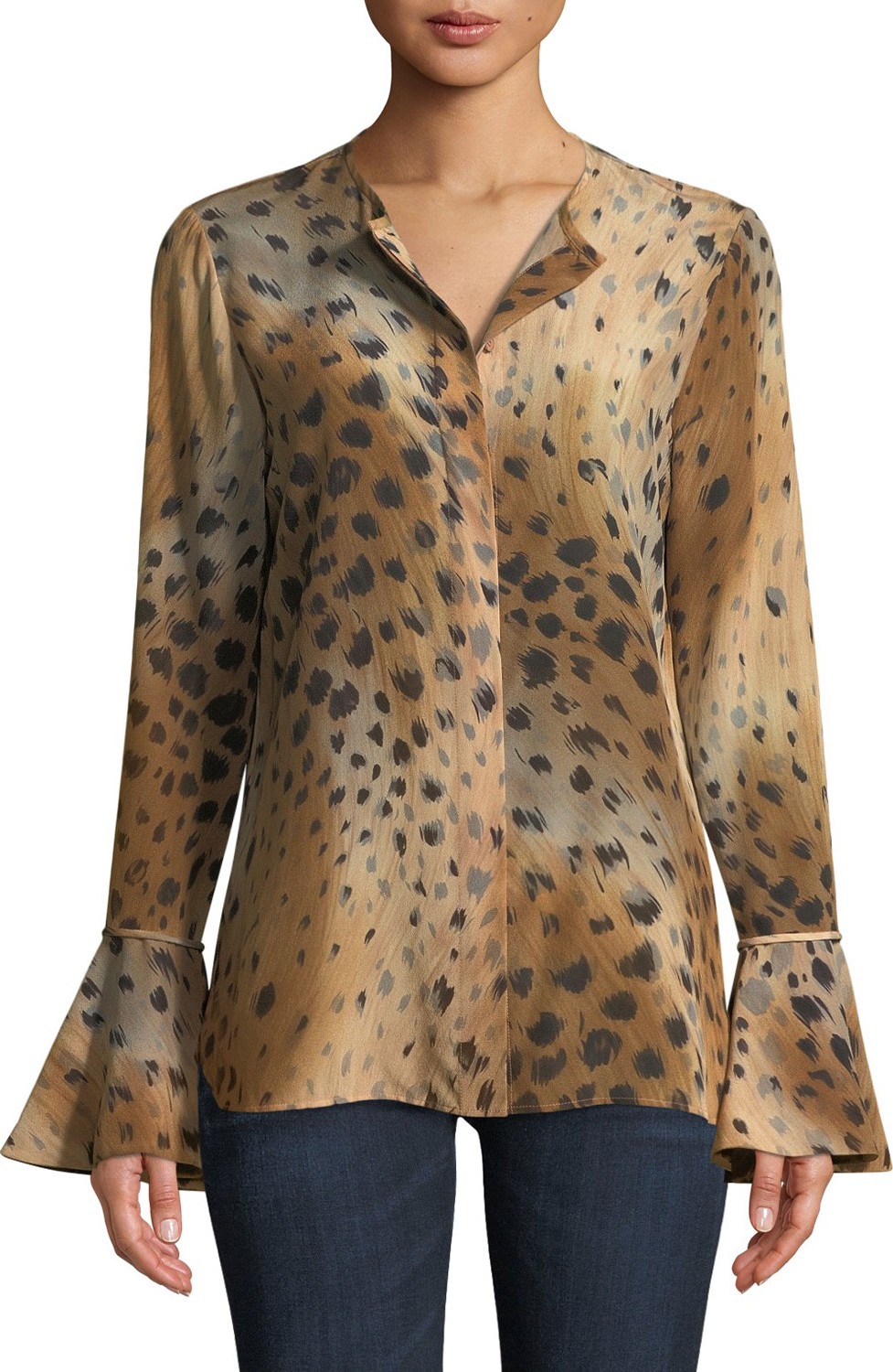 Lafayette 148 New York Izzie Agave Leopard-Print Silk Blouse w/ Bell Sleeves