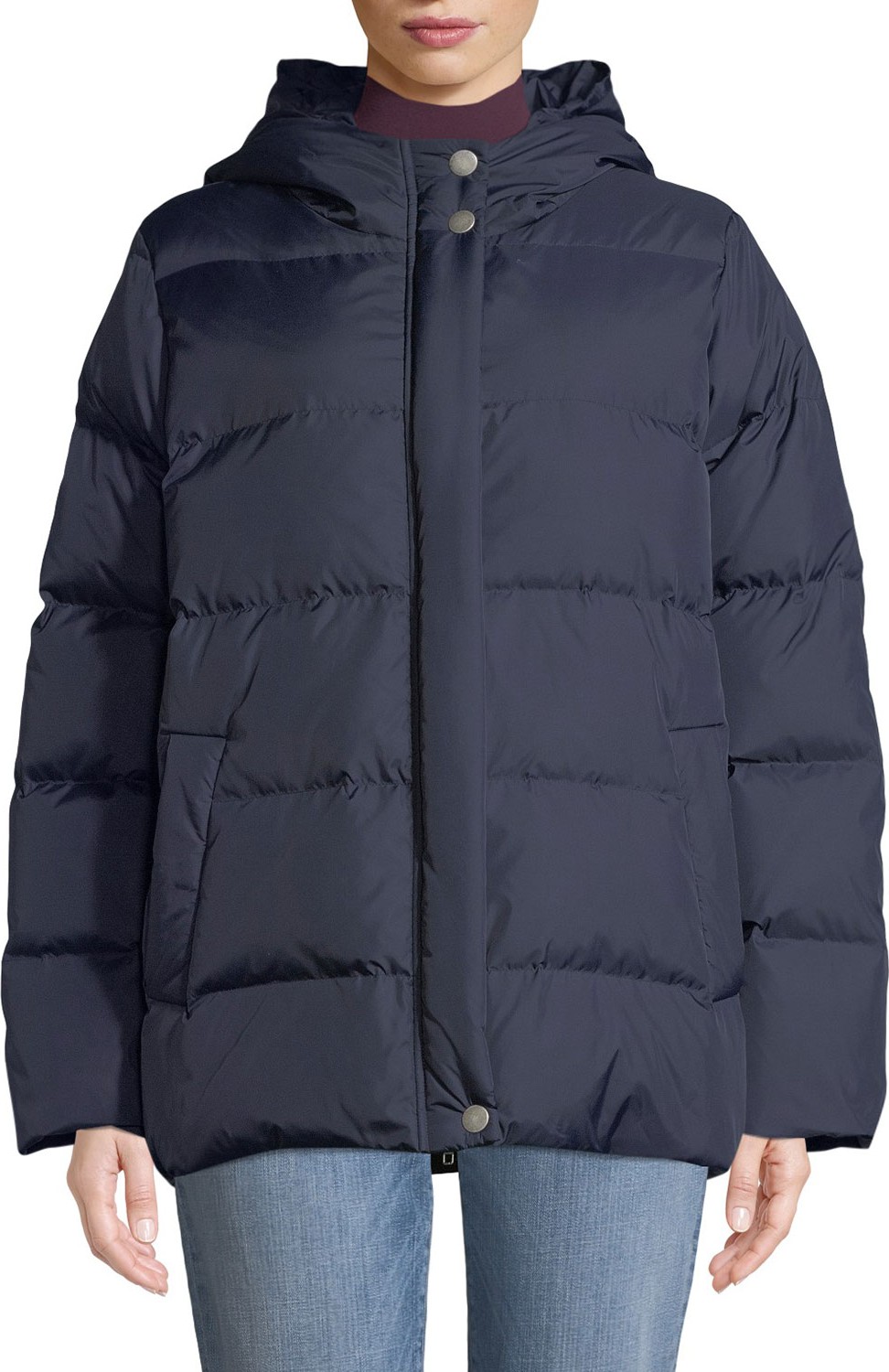 Eileen Fisher Quilted Nylon Hooded Down Puffer Coat