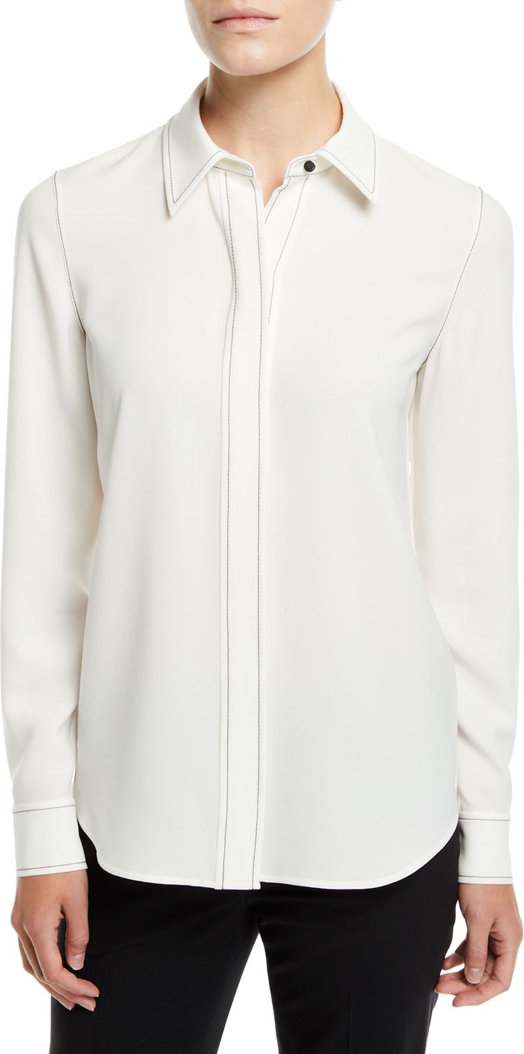 Lafayette 148 New York Olga Finesse Crepe Blouse with Topstitch Detail