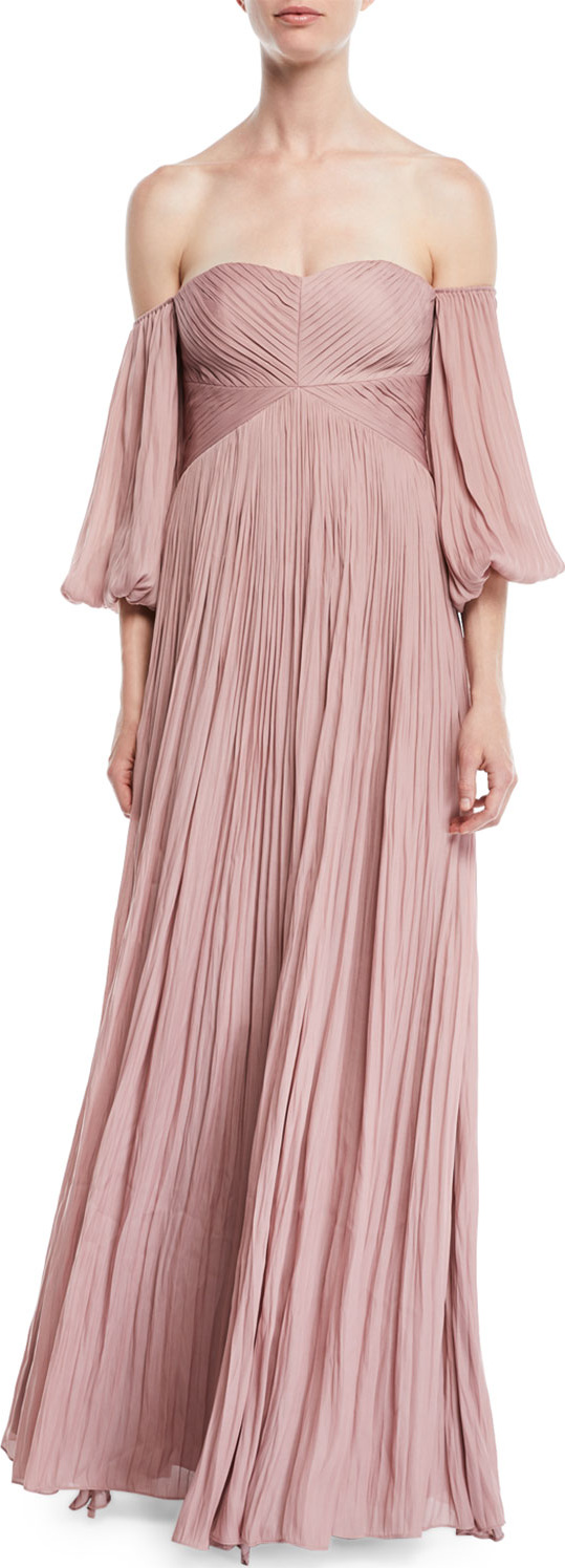 HALSTON HERITAGE Off-the-Shoulder Pleated Gown