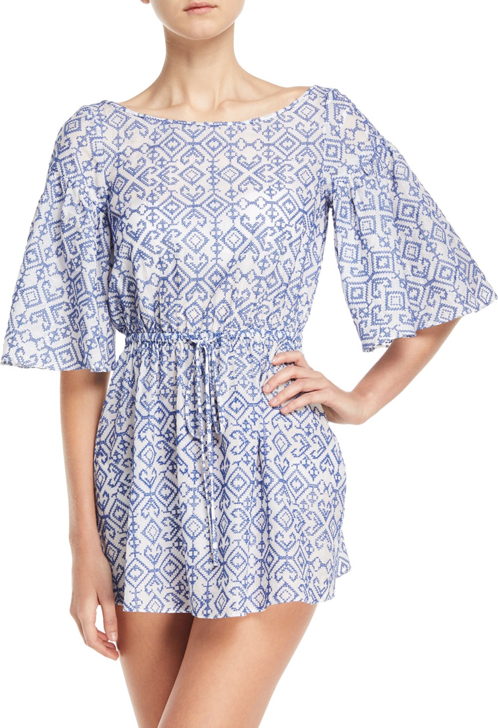 MILLY Lynda Boat-Neck Elbow-Sleeve Swim Coverup