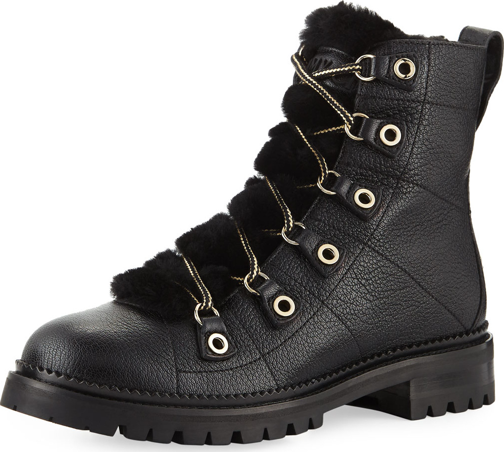 Jimmy Choo Hillary Lace-Up Leather Hiker Boots with Shearling