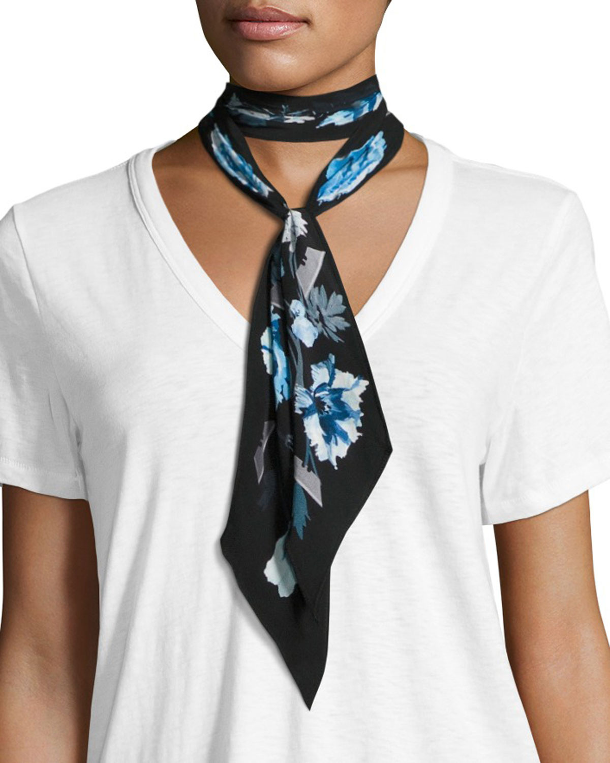 Rockins Flora Super Skinny Silk Scarf, Blue/Black