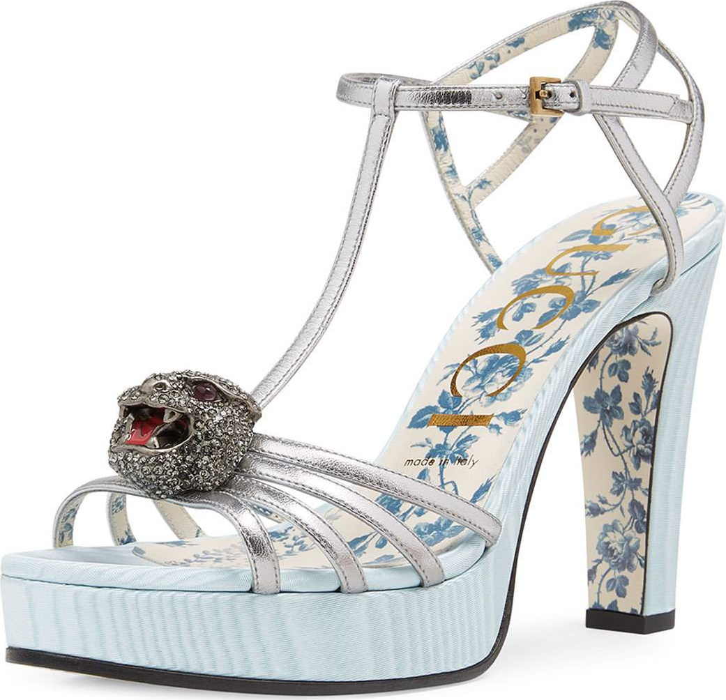 Gucci Elias Moire-Platform Sandal with Feline Head Ornament