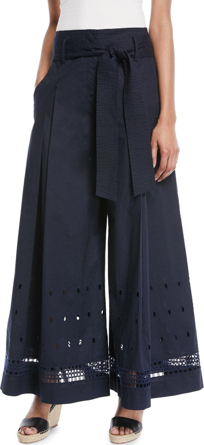 Tanya Taylor Pratt Belted Eyelet Wide-Leg Pants