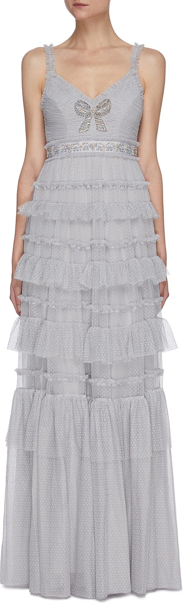 Needle & Thread Belted sequin embellished ruffle sleeveless gown