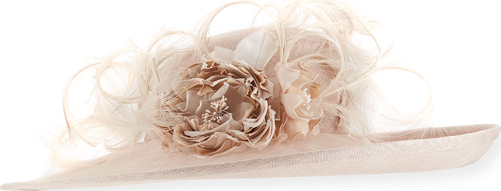 Rachel Trevor Morgan Side-Sweep Straw Hat w/ Flower & Feather Trim