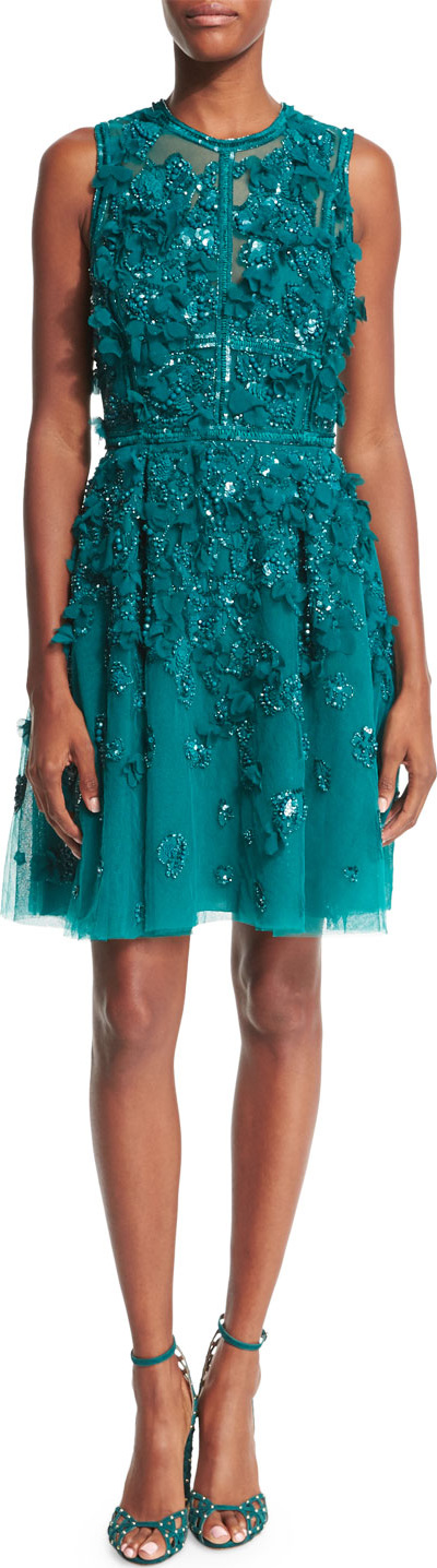 ELIE SAAB Sleeveless Embroidered Tulle Cocktail Dress, Emerald