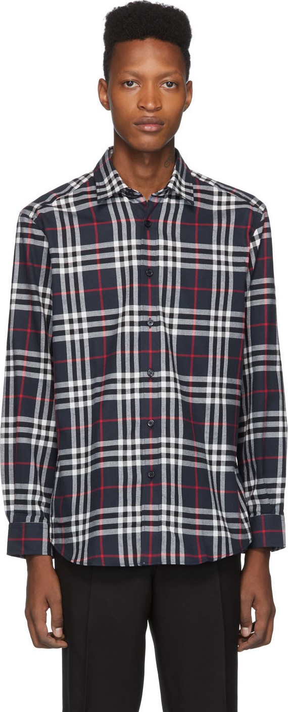 Burberry London England Navy Check Flannel Chambers Shirt