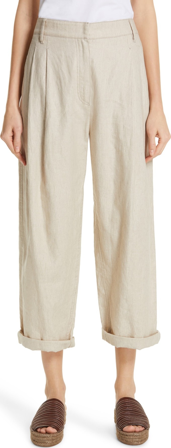 Brunello Cucinelli Pleated Linen & Cotton Crop Pants