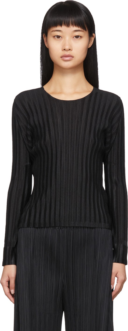 Pleats Please By Issey Miyake Black Pleated Crewneck Shirt