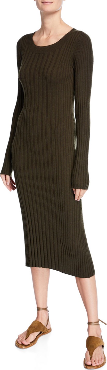Vince Mixed Rib Scoop-Neck Long-Sleeve Dress