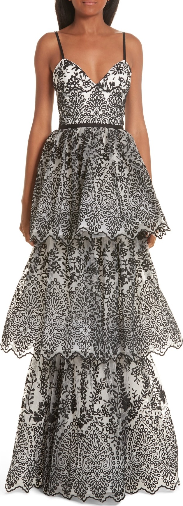 Marchesa Notte Tiered Eyelet Evening Dress
