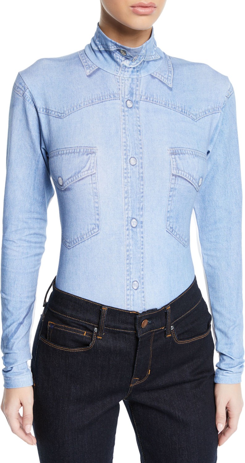 Vetements Long-Sleeve Denim-Print Bodysuit