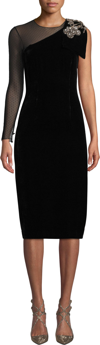 Sachin & Babi Bali One-Shoulder Velvet Dress w/ Brooch