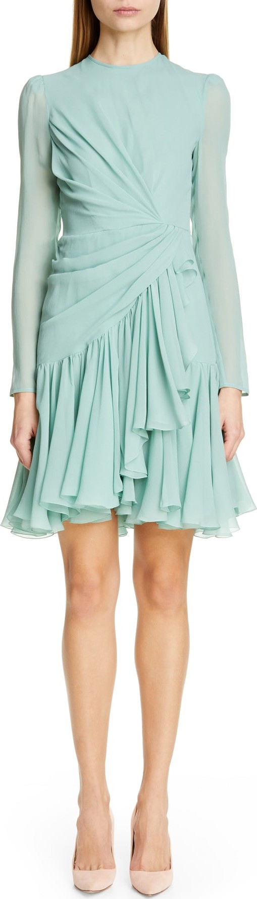 Giambattista Valli Long Sleeve Ruched Ruffle Silk Dress