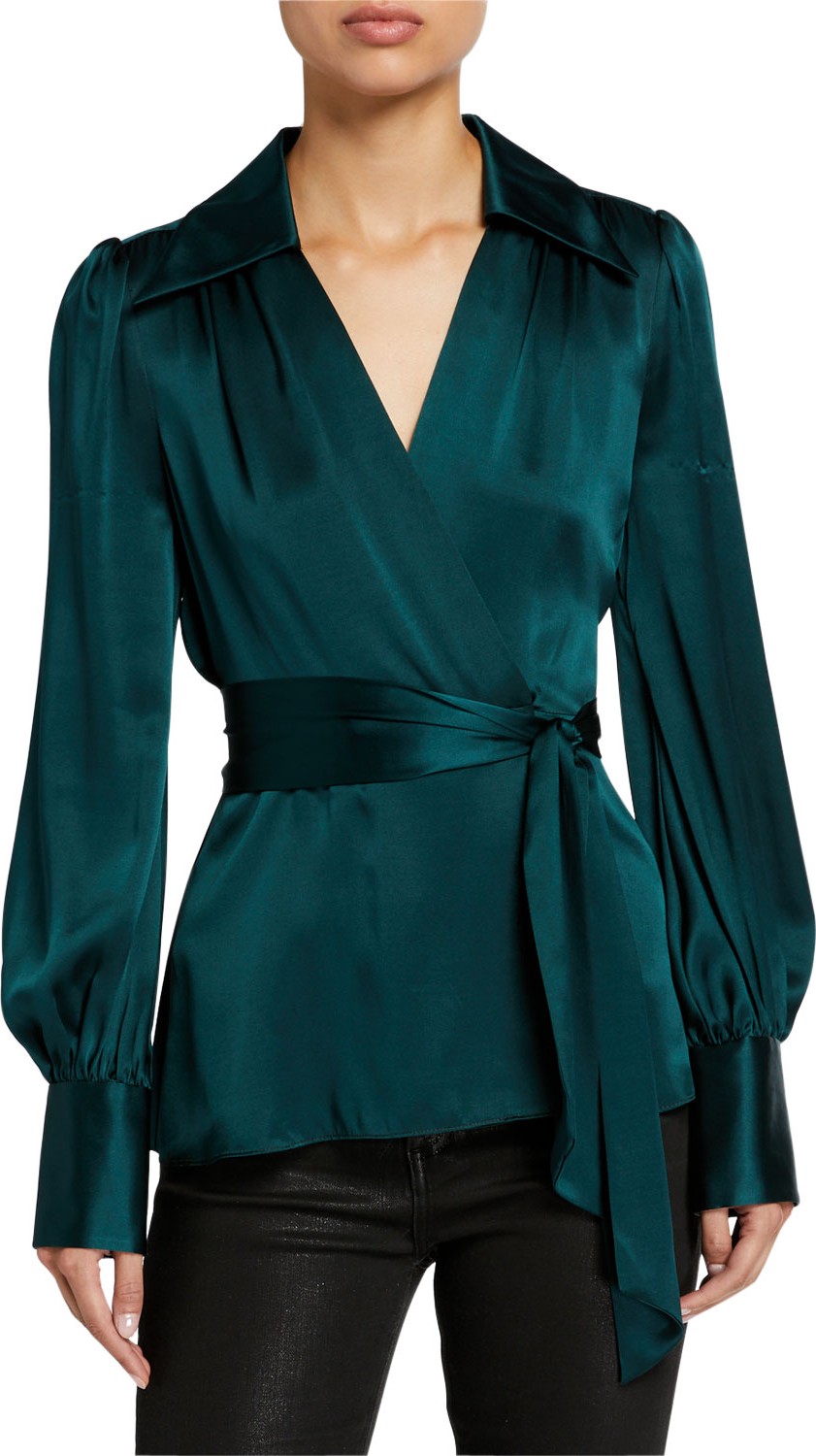 Elie Tahari Shay Long-Sleeve Silk Satin Wrap Blouse
