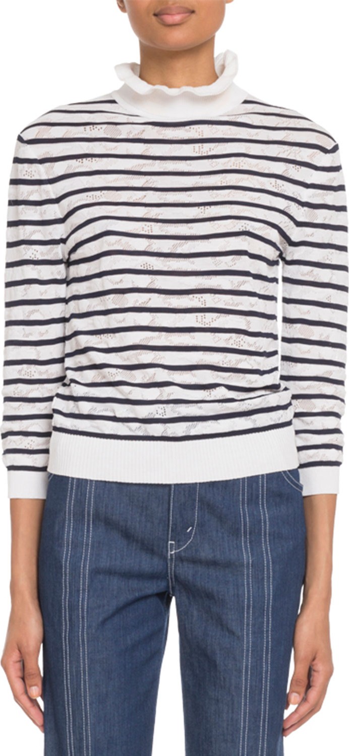 Chloe Ruffled Turtleneck Striped Lace Sweater